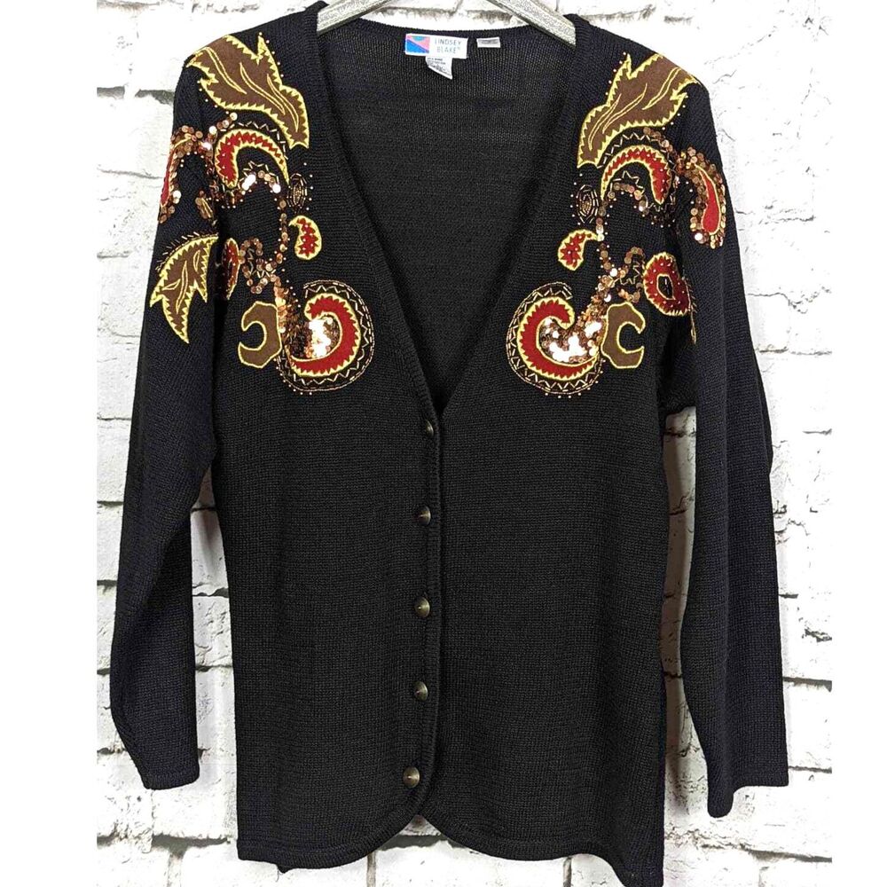 VTG LINDSEY BLAKE Sequined Applique Paisley Cardigan 80's Artsy Unique Large